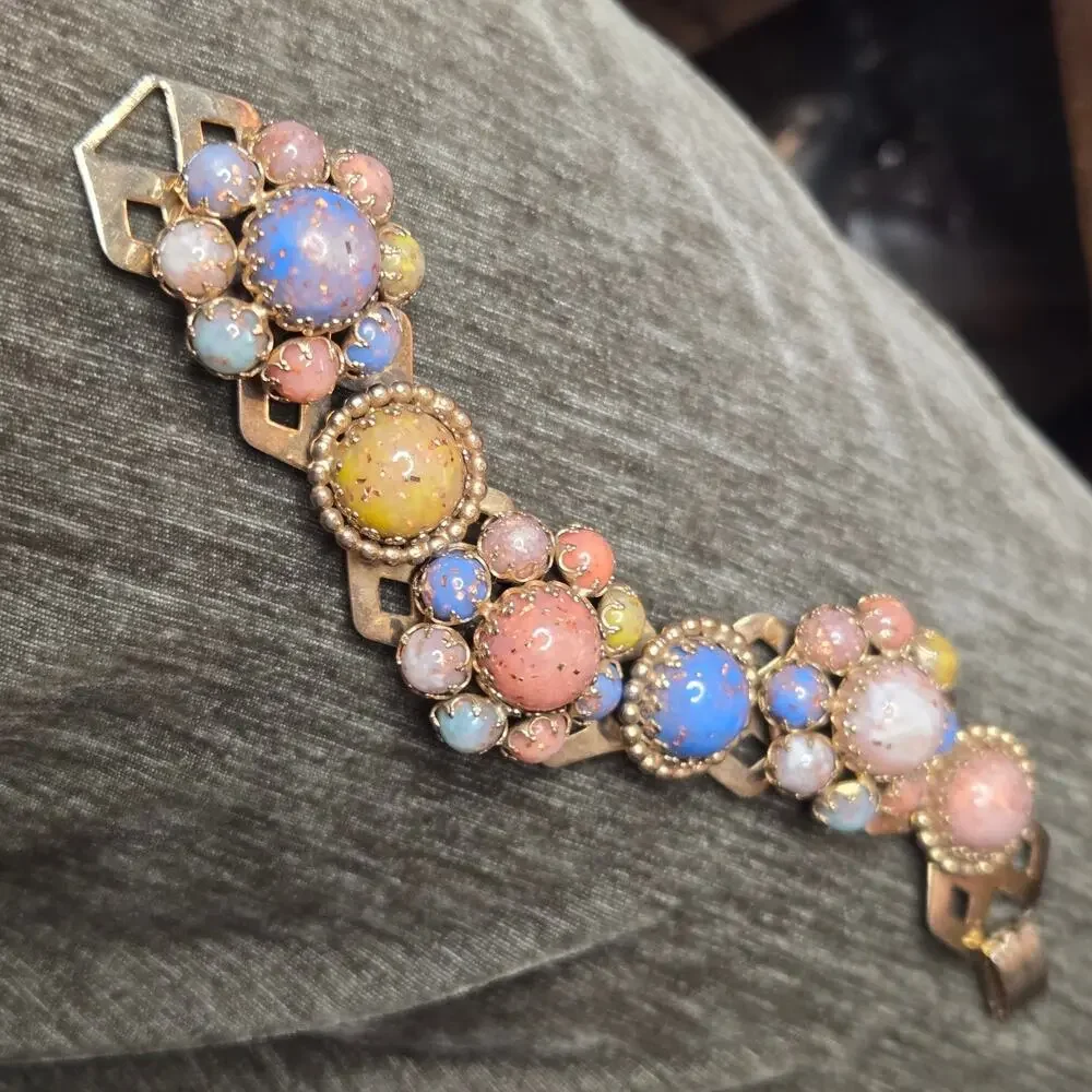 Vintage Victorian Revival Jeweled Link Panel Bracelet Gold Tone Pastel Cabochon